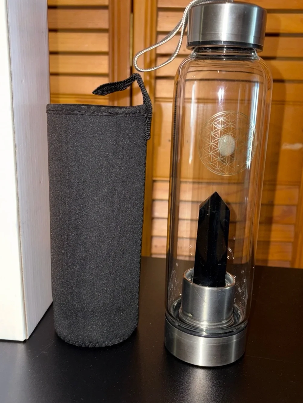 NIB Black Obsidian Crystal Glass Water Bottle with Sleeve